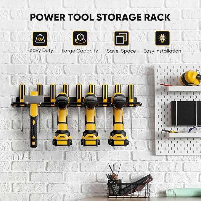 POKIPO Power Tool Organizer, 4 Drill Holder Wall Mount, Heavy Duty Garage Tool Organizer and Storage, Suitable Tool Rack for Tool Room, Workshop, Garage