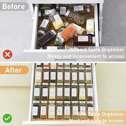 Spice Drawer Organizer with 18 Spice Jars,216 Labels,25 Non-slip Rubber, Bamboo 4 Tier Seasoning Rack Tray Insert for Kitchen Drawers,Cabinets,Countertop,9" Wide x 15.8" Deep