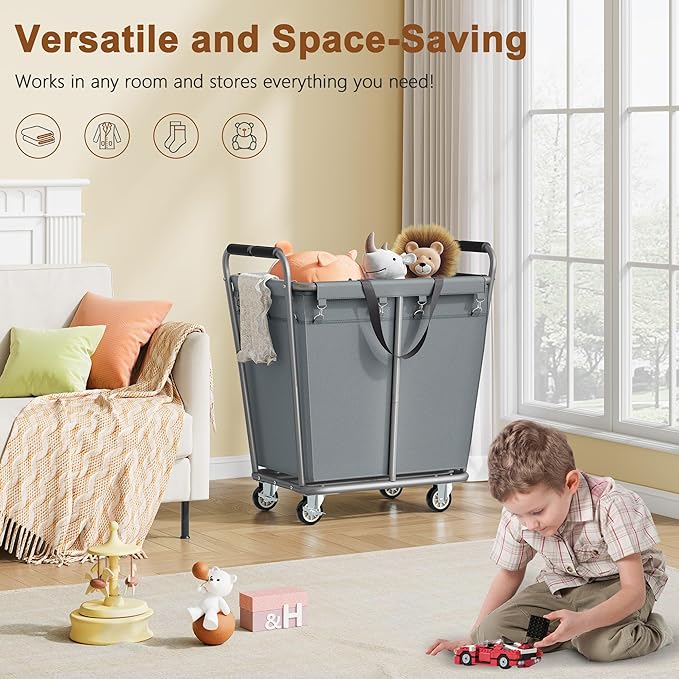 Hoctieon Large Laundry Cart with Wheels, 300L Heavy Duty Laundry Basket Organizer, Rolling Hamper Sorter for Clothes Storage, Industrial Dirty Clothes Hamper for Home & Hotel, Gray