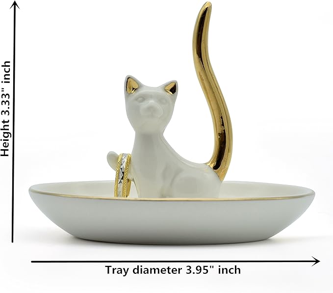 Love Cat Posture Ring Holder Jewelry Storage Dish Trinket Tray Decorative White Plated Golden Tail.