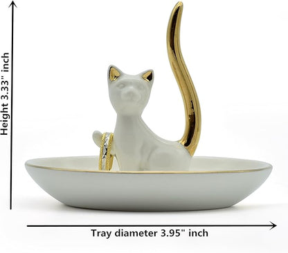 Love Cat Posture Ring Holder Jewelry Storage Dish Trinket Tray Decorative White Plated Golden Tail.