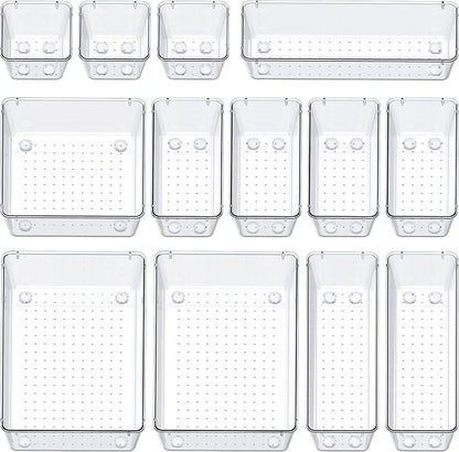SMARTAKE 13-Piece Drawer Organizers with Non-Slip Silicone Pads, 5-Size Desk Bathroom Drawer Organizer Trays Storage Tray for Makeup, Jewelries, Utensils in Bedroom Dresser, Office and Kitchen, Clear