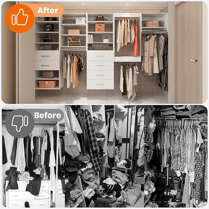 ROOMTEC Modular Closet System, 96" Closet Organizer with Hanging Rods, Wall-Mounted Wooden Tower for Walk-In Closets, Wardrobe Storage Kit, White