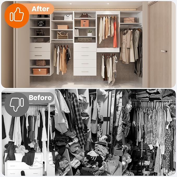 ROOMTEC Modular Closet System, 78" Wall Mounted Closet Organizer with Hanging Rods and Drawers, Modern Wooden Tower for Walk-In Closets, Wardrobe Storage Kit, White