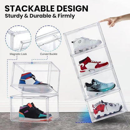 12 Pack Shoe Boxes, Acrylic Clear Shoe Boxes,360°Clear Plastic Stackable Shoe Display Box, Larger Shoe Storage Boxes, Shoe Containers, fit up to Us size 14 (Side Open)