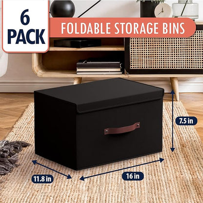 Ornavo Home 6 Pack Collapsible Storage Bins with Lid, Foldable Linen Fabric Shelf Storage Basket Closet Organizer and Large Storage Box for Clothes with Leather Handles, 16.5 x 11.8 x 7.5, Black