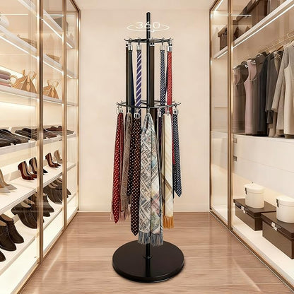 360° Rotation Belt Hanger, Black Belt Display Scarf &Ties Rack Stand, Floor Mounted Metal Men Closet Belt Organizer Holder Jewelry Necklaces Purse Hanger Shelf for Clothing Store Retail & Home