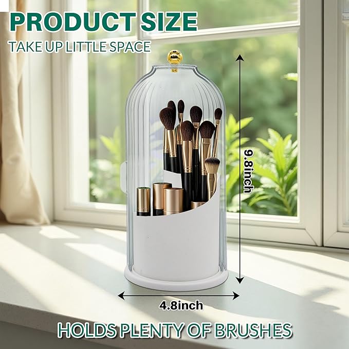 Makeup Brush Holder with Lid Cosmetic Tools Organizer 360 Rotating Waterproof Dustproof Make Up Brushes Storage for Vanity Bathroom Countertop
