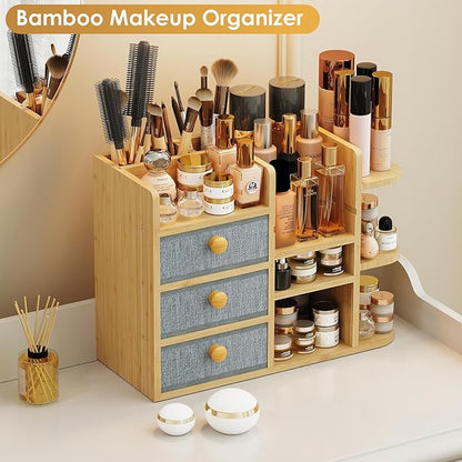 Large Makeup Organizer For Vanity, Large Capacity 3 Tiers Bamboo Bathroom Counter Organizers and Storage, Countertop Makeup Brush Holder, Nail Polish Perfume Stand with 3 Drawers and 10 Compartments