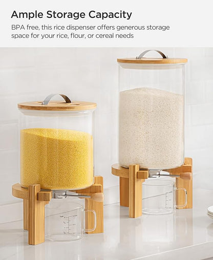 HBlife 8-10 Lbs Glass Rice Dispenser with Wooden Stand Flour and Cereal Container with Glass Measuring Cup Pantry Food Organization Storage Bin with Airtight Bamboo Lid, 5L