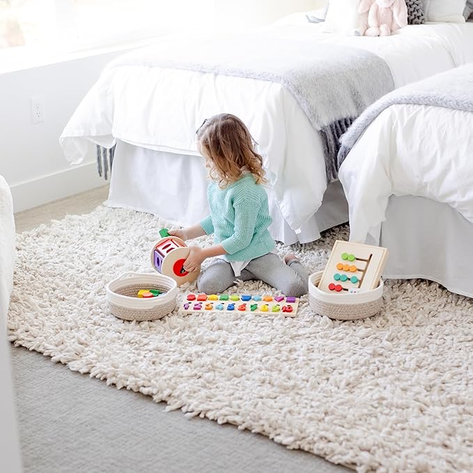 NaturalCozy 5-Piece Round Small Woven Baskets Set– Cotton Rope Baskets for Organizing! Montessori Toys, Fruits Remotes Key Tray Bowl for Entryway Desk, Shallow Catchall Home Décor, Cat Dog Bin Gift