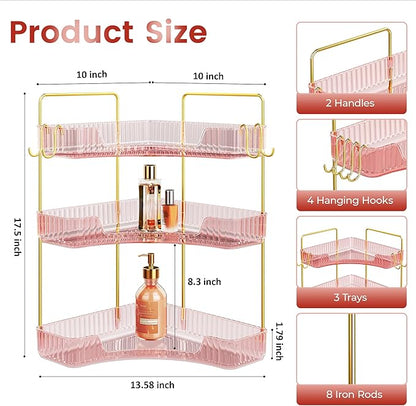Corner Bathroom Counter Organizer 3-Tier Bathroom Organizer Countertop with Hooks Perfume Organizers Storage Shelf for Makeup & Skincare Dresser-Pink