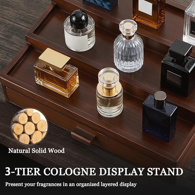 Wooden Cologne Organizer for Men 3 Tier Perfume Stand Organizer with Drawer and Hidden Compartment Cologne Display Riser Shelf Holder for Dresser Figures Fragrances Skincare Makeup Storage (Brown)