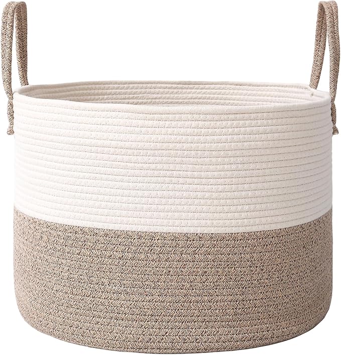 JMvicyroam 115L Extra Large Blanket Basket for Living Room - Woven Cotton Rope Laundry Hamper with Reinforced Handles - Storage Bin for Pillows, Comforters & Toys - Machine Washable,White&Brown