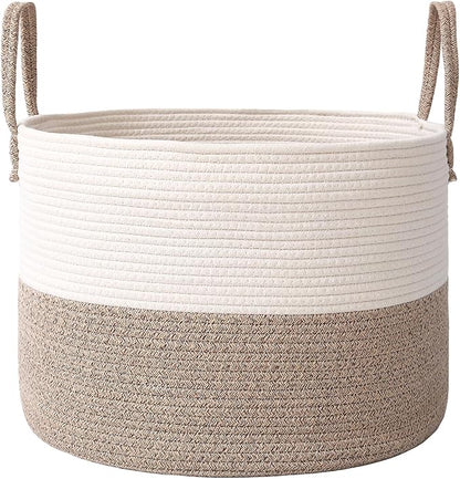 JMvicyroam 115L Extra Large Blanket Basket for Living Room - Woven Cotton Rope Laundry Hamper with Reinforced Handles - Storage Bin for Pillows, Comforters & Toys - Machine Washable,White&Brown