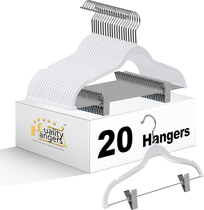 Quality Plastic Non Velvet Non-Flocked Thin Compact Coat Hangers with Metal Clips for Skirts Pants Blouses 360° Swivel Hook (White, 20)