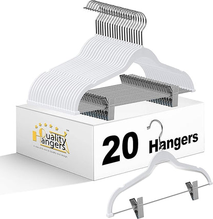 Quality Plastic Non Velvet Non-Flocked Thin Compact Coat Hangers with Metal Clips for Skirts Pants Blouses 360° Swivel Hook (White, 20)