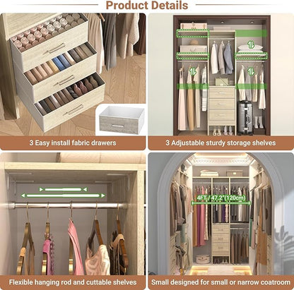 Besiost 4FT Small Closet System with 3 Fabric Drawers, 48'' Closet Organizer System With 3 Adjustable Shelves, Flexible Built-In Clothes Garment Rack for Small Space, 48" L x 13" W x 71" H, Light Oak