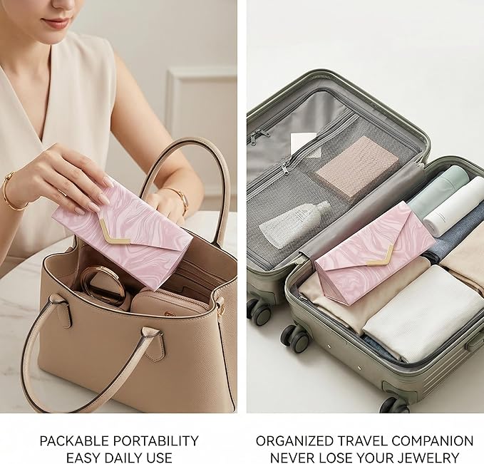 2-in-1 Travel Jewelry and Glasses Organizer, Foldable Case for Necklaces, Earrings, Rings, Bracelets, Pink Marble (Pink)