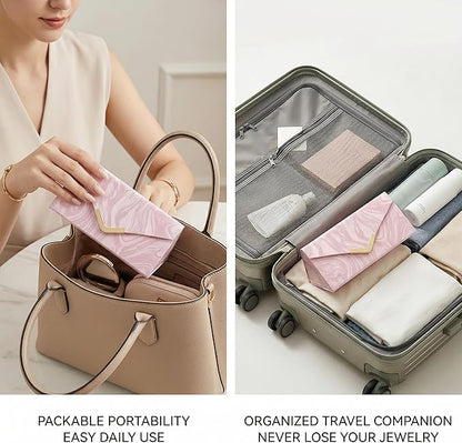 2-in-1 Travel Jewelry and Glasses Organizer, Foldable Case for Necklaces, Earrings, Rings, Bracelets, Pink Marble (Pink)