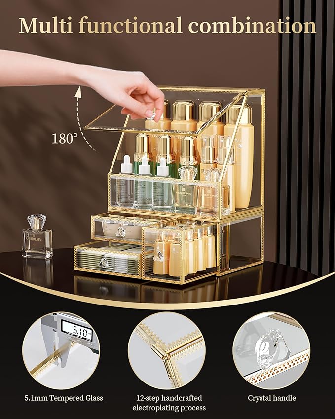 CoralHouse Glass Makeup Organizer for Vanity, Clear Cosmetic Organizer with Drawer, Elegant Skincare Holder for Bathroom Countertop and Dresser