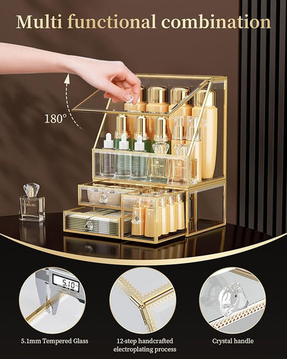 CoralHouse Glass Makeup Organizer for Vanity, Clear Cosmetic Organizer with Drawer, Elegant Skincare Holder for Bathroom Countertop and Dresser