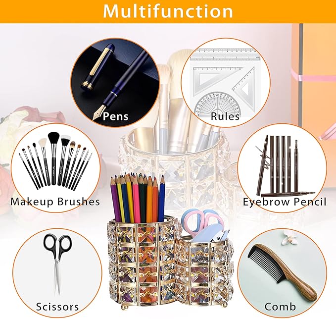 Hipiwe Makeup Brush Holder Gold Bling Crystal Makeup Brush Organizer Round Remote Control Holder Cosmetic Brush Tools Comb Pen Pencil Storage Pot Cup for Vanity, Office, Home Decor, 2-Slot