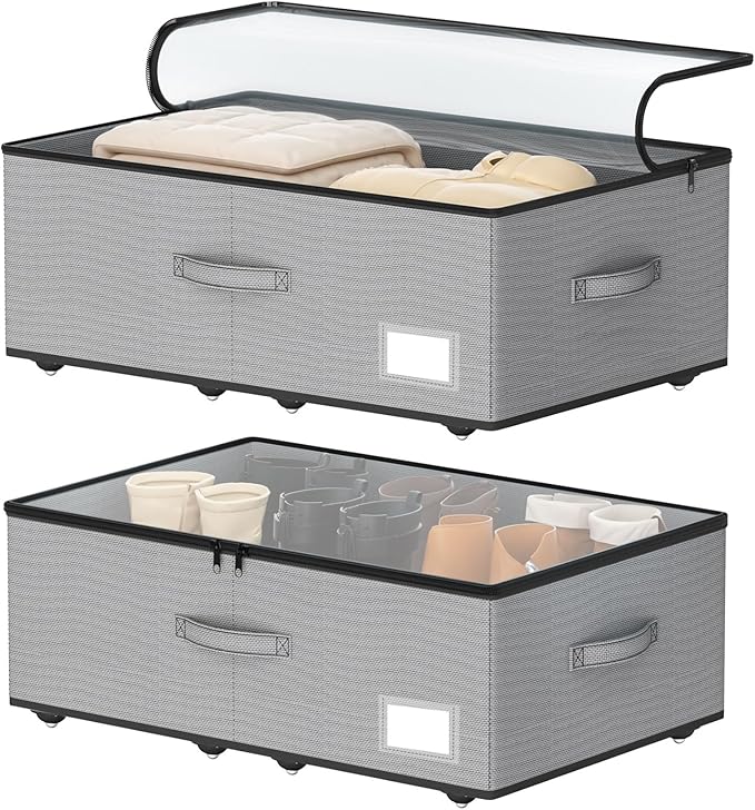 EE-RoomWorld Under Bed Storage with Wheels, No Assemble Required 12 inches height Under Bed Storage bins,Large capacity Rolling Underbed Shoe Storage containers，dorm underbed storage drawers