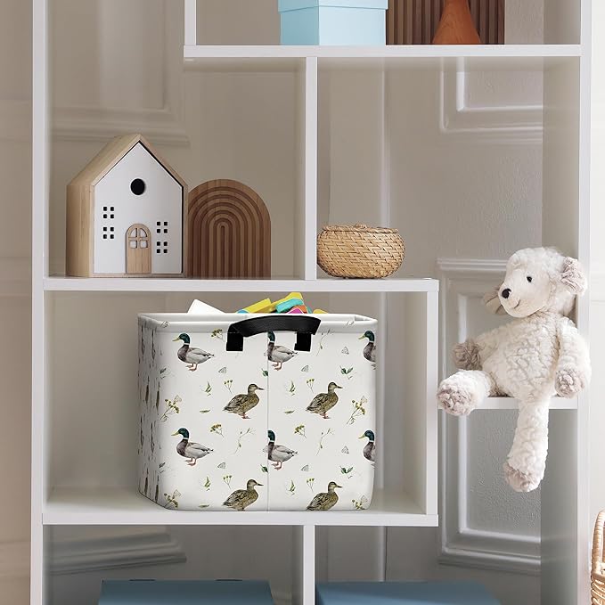Mallard Duck Storage Basket, Collapsible Waterproof Canvas Organizer Bin, Funny Rectangular Kids Toys Storage Box Cute Mallard Duck Decor, Shelf Baskets for Closet Bedroom Office Dorm (Brown)