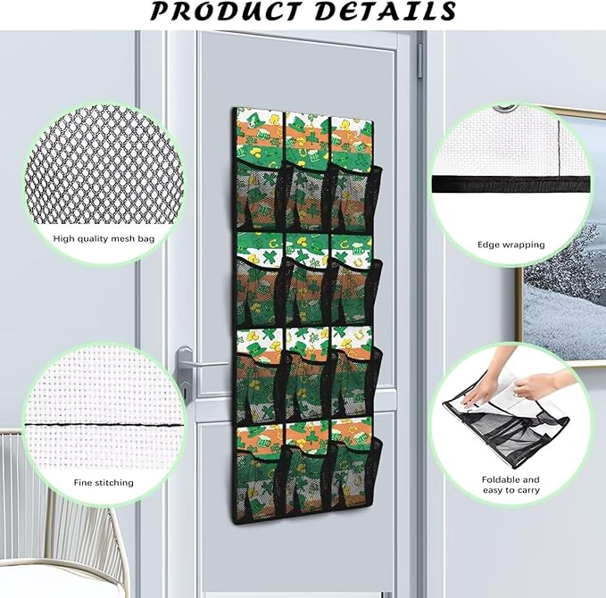 12-Compartment Over The Door Hanging Storage Bag, Waterproof Dirt-Resistant and Easy to Fold for Compact Storage, Lucky Leaf Green Hat Gold Coins Horseshoe Irish Flag