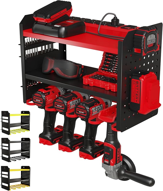 BUILTSTRONG Power Tool Organizer Wall Mount – 3-Tier Heavy-Duty Steel Rack, 4 Drill Slots, Pegboard + Utility Side, 100 lb Capacity – Garage, Workshop & Shed Storage (Red)