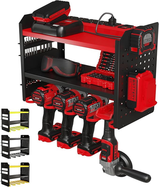 BUILTSTRONG Power Tool Organizer Wall Mount – 3-Tier Heavy-Duty Steel Rack, 4 Drill Slots, Pegboard + Utility Side, 100 lb Capacity – Garage, Workshop & Shed Storage (Red)