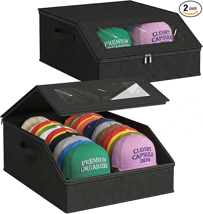 2 Pack Hat Storage for Baseball Caps, Holds up to 48 Caps, Stackable Hat Organizer for Closet, Dustproof Hat Box with Clear Window, Hollow Board Support & 2 Handles, Flip-Top Access (Black)