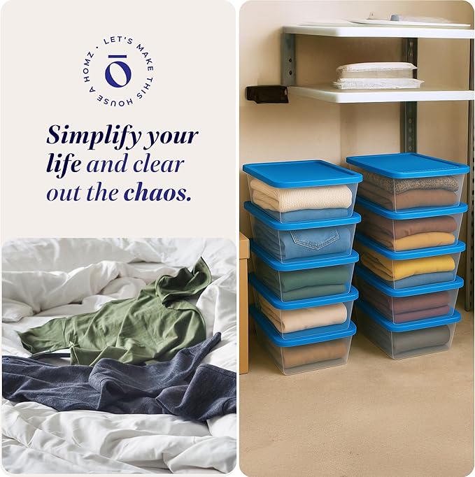 HOMZ 10-Pack Snaplock, Small Clear Plastic Storage Organizer Bins w/Lids, 6 Quart, Blue - Stackable Container Boxes for Bedroom, Bathroom, Garage, and Office Organization