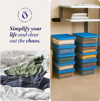 HOMZ 10-Pack Snaplock, Small Clear Plastic Storage Organizer Bins w/Lids, 6 Quart, Blue - Stackable Container Boxes for Bedroom, Bathroom, Garage, and Office Organization