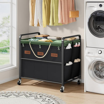 Tajsoon 350L Extra Large Laundry Sorter 6 Section, Heavy Duty Laundry Basket with Lockable Wheels, Laundry Cart with Sturdy Metal Frame, Leather Patchwork Laundry Separated with Removable Bags, Black