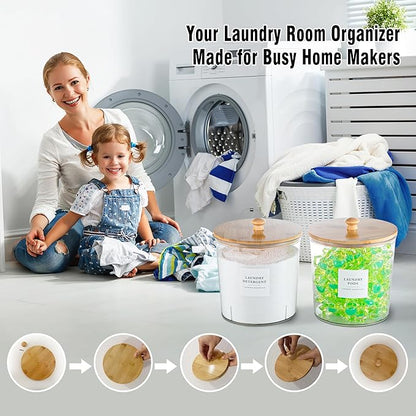 Laundry Room Organization Container, 2pcs Round Acrylic Laundry Pod Storage Containers, Dryer Sheet Holder Jars with Bamboo Lids and Labels for Scent Booster Powder Detergent Pods Storage
