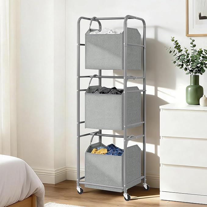 150L 3-Tier Vertical Laundry Hamper Sorter with Water-Resistant Removable Bag, Rolling Laundry Cart with Wheels & Brakes for Apartment, Dorm, Bathroom, Laundry Room, Grey