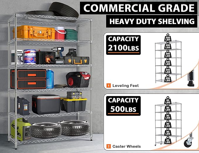 72" Storage Shelves Heavy Duty Shelving Loads 500/2100Lbs, 6 Tier Metal Utility Shelf Rack, Wide Garage Shelving, Adjustable Storage Shelves for Garage Basement Warehouse