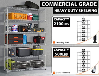 72" Storage Shelves Heavy Duty Shelving Loads 500/2100Lbs, 6 Tier Metal Utility Shelf Rack, Wide Garage Shelving, Adjustable Storage Shelves for Garage Basement Warehouse