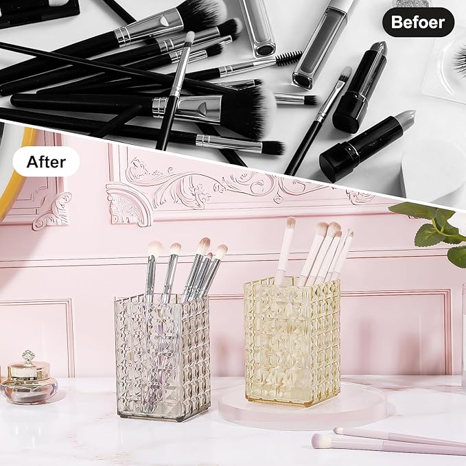 DASITON Makeup Brush Holder Organizer, Acrylic Makeup Brush Cup, Diamond Striped Make Up Brush Holder for Vanity, Bathroom Countertop, Toothbrush Holders, Pen Holder for Desk Storage (Yellow)