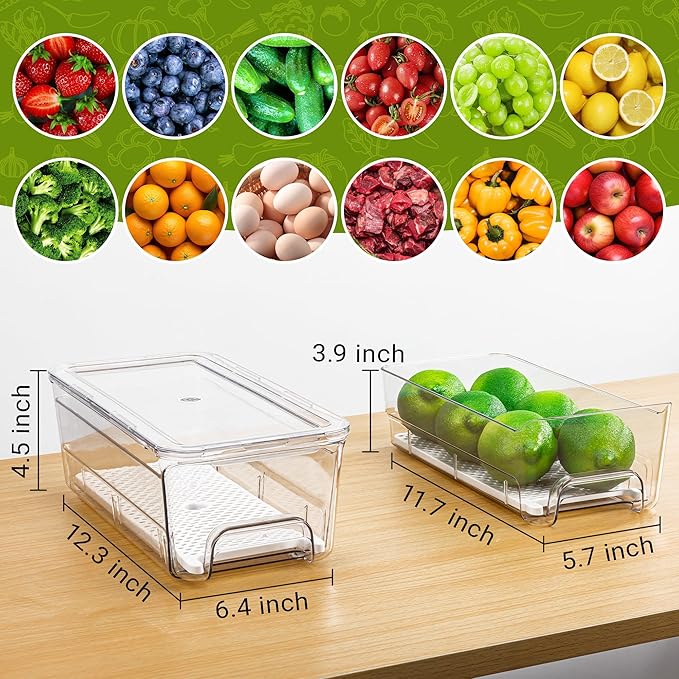 Imncya Fridge Organizer Bins, Clear Stackable Pull Out Fridge Drawer Organizer, Refrigerator Organizers and Storage Container for Fruits, Vegetables, Drinks, Food ( 2 Pack Clear)