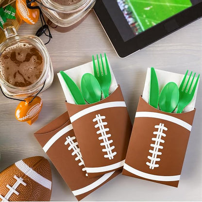 Tinlade 24 Pcs Football Utensil Holder Paper Silverware Sleeves, 3.54 x 5.12 Inch Disposable Cutlery Holders, Utensil Bags for Football Party Supplies, Sports Event, Birthday, Kitchen Decorations