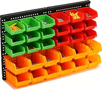 30-Bin Wall Mounted Storage Bins Kit, Tool Organizer Rack, Garage Hardware Organizer, Parts Storage Bins, DIY Combination(Red & Green & Orange Type)
