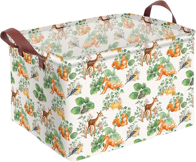 Woodland Animal Storage Basket Home Forest Decor Waterproof Canvas Toy Storage Bin Collapsible Outdoor Basket with Leather Handles Woodland Decor Blanket Baskets For Closets,Bedrooms,Gifts Baskets