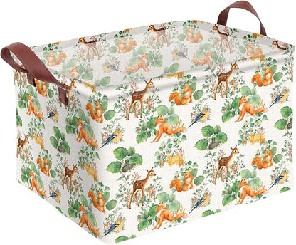 Woodland Animal Storage Basket Home Forest Decor Waterproof Canvas Toy Storage Bin Collapsible Outdoor Basket with Leather Handles Woodland Decor Blanket Baskets For Closets,Bedrooms,Gifts Baskets