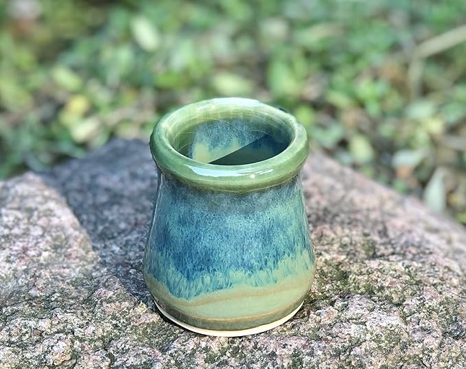 Small Pottery Toothpick Holder, Ceramic Vase, Green Apple with Blue Swirl