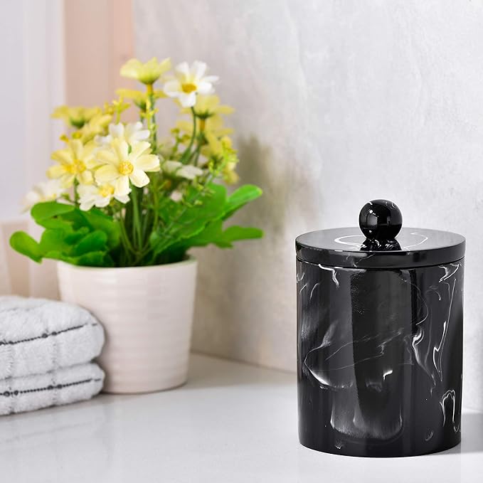 Qtip Holder Bathroom Canister with Mable Look,Resin Qtip Dispenser Vanity Storage Jars Organizer for Cotton Ball,Qtip,Cotton Swab,Bath Salts-Ink Black