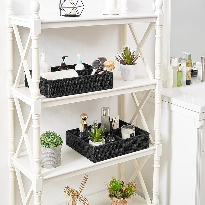 Vagusicc Wicker Divided Storage Basket, Black Wicker Baskets, Basket for Shelves Drawer Organizing, 3 Section Rectangular Woven Storage Baskets, 2-Pack
