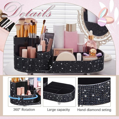 Teen Girls Mother's Day 360 Rotating Bling Makeup Organizer Gift Rhinestone Diamond Bathroom Organizer Girly Skin Care Brush Holder for Countertop, Bathroom Essentials(Black,Rhinestone)